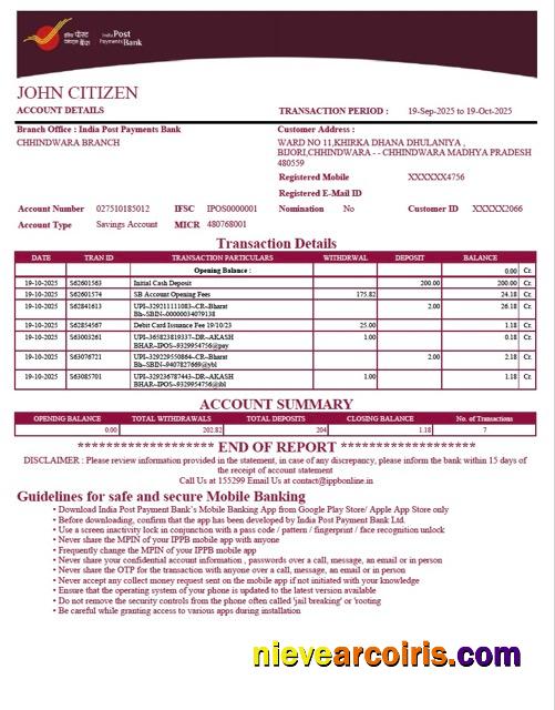 India Post Payments Bank account statement Word and PDF